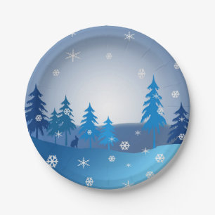 Prato De Papel Cena azul do inverno do Natal