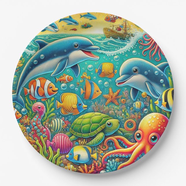 Prato De Papel Cena Colorida Subaquática com Vida Marinha (Frente)