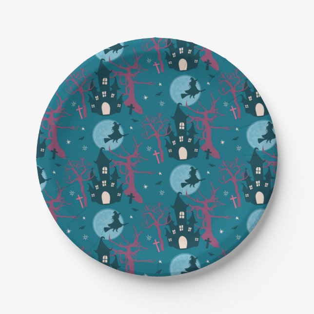 Prato De Papel Cena de Halloween com Raspberry Pink (Frente)