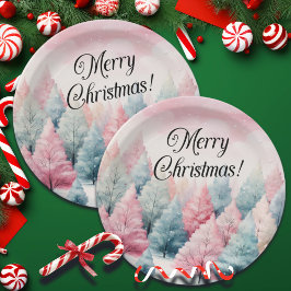 Prato De Papel Cena de inverno das Árvores de Quartel e Rosa