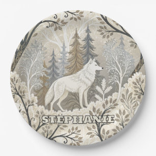 Prato De Papel Cena de inverno Tranquila com Lobos Brancos