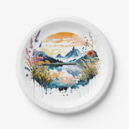 Prato De Papel Cena de montanha de Aquarela