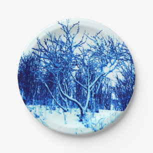Prato De Papel Cena de Neve e Árvore, Azul Cobalto