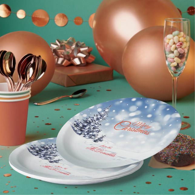 Prato De Papel Cena de neve e árvores de Natal Personalizar (Múltiplo)