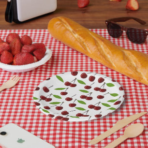 Prato De Papel Cereja Vermelha, Padrão De Cerejas, Folhas, Fruta