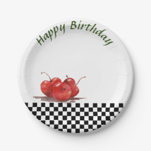 Prato De Papel Cerejas Vermelhas Brilhantes em uma toalha de mesa