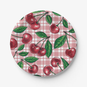Prato De Papel Cerejas vermelhas em gingham rosa