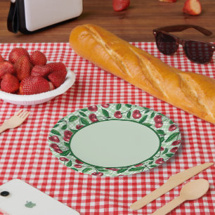 Prato De Papel Cerejas vermelhas em gingham verde-claro