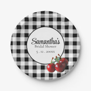 Prato De Papel Cerejas Vintage gingham preto e branco