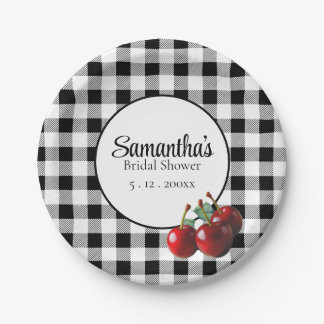Prato De Papel Cerejas Vintage gingham preto e branco