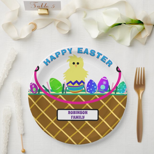 Prato De Papel Cesta de Páscoa castanha Ovos Pintinhos Amarelos (Casamento)