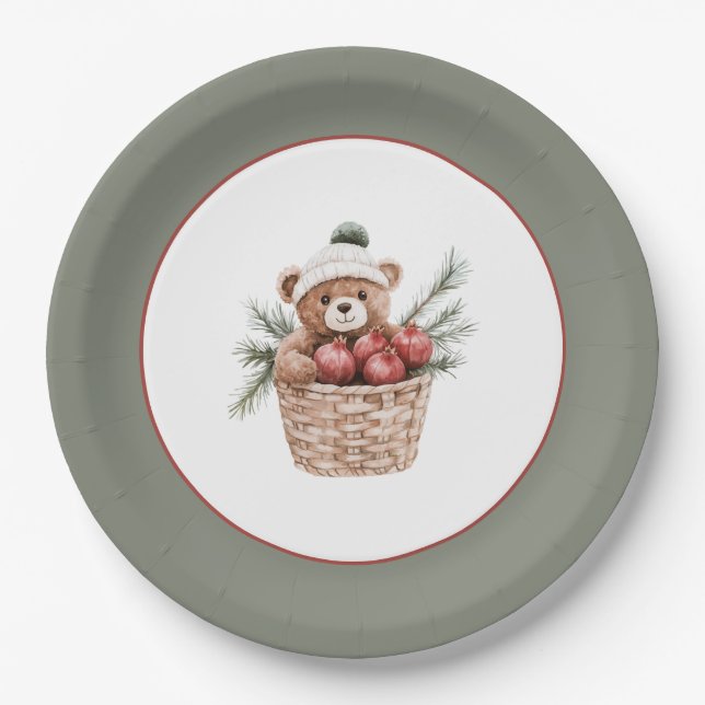 Prato De Papel Cesta de Urso de Pelúcia Romãs Natal (Frente)