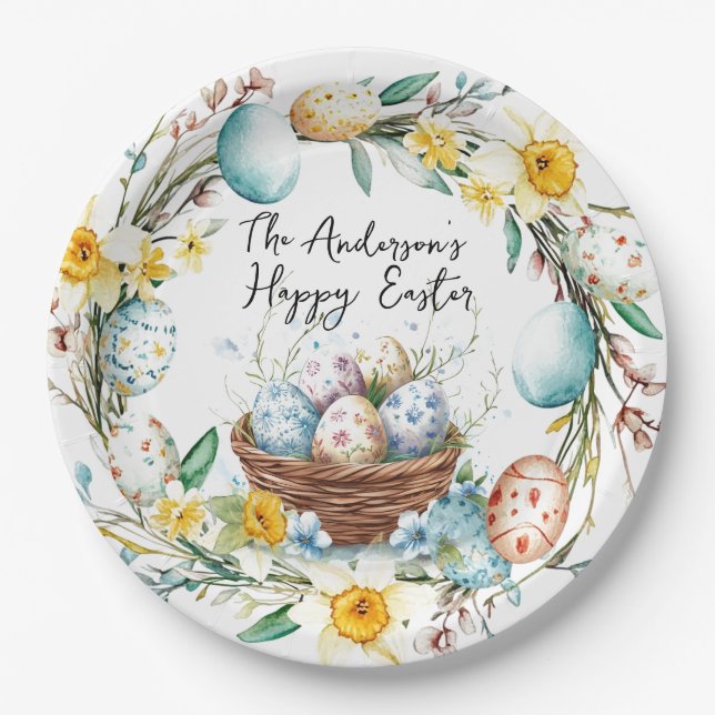 Prato De Papel Cesto com ovos e Páscoa floral (Frente)