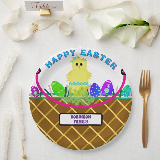 Prato De Papel Cesto de Páscoa castanho Pintinho amarelo azul est (Casamento)