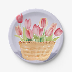 Prato De Papel Cesto de Tulipas Pintura em Aquarela Floral