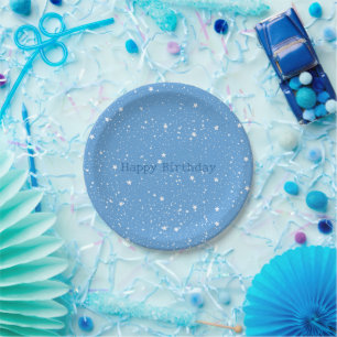 Prato De Papel Céu Branco Azul de Estrelas de Aniversário