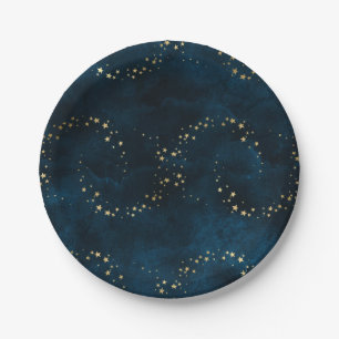 Prato De Papel Céu Noturno Estrelado Azul Escuro Estrelas Dourada
