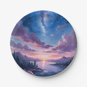 Prato De Papel Céu Noturno   Lago Estrelado Roxo Aquarela