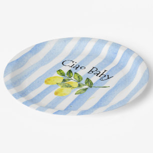 Prato De Papel Chá de Bebê Baby Blue Listras Limão