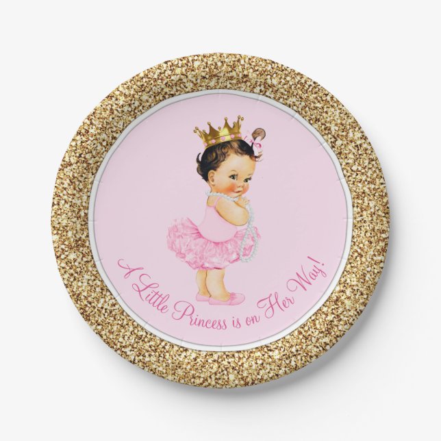 Prato De Papel Chá de Bebê Bailarina Princesa Rosa Dourado (Frente)