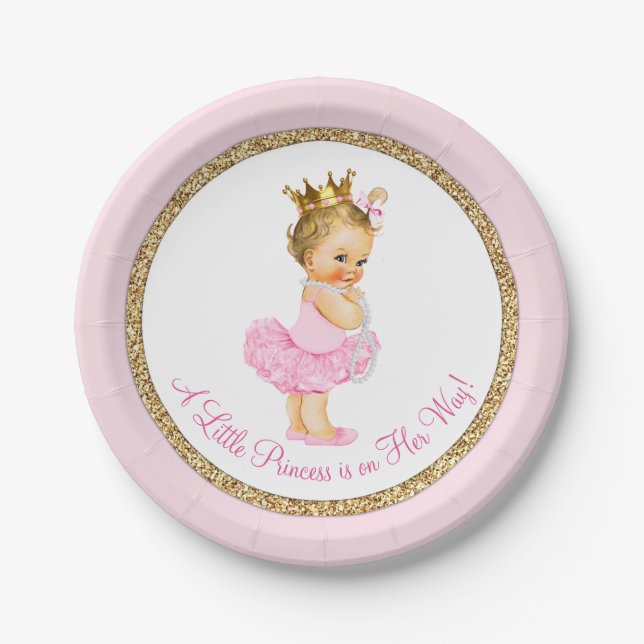 Prato De Papel Chá de Bebê Bailarina Princesa Rosa Dourado (Frente)