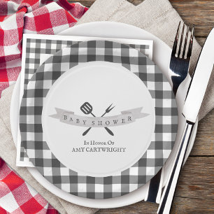 Prato De Papel Chá de Bebê BBQ Tipografia Vintage Xadrez Cinza