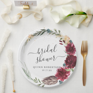 Prato De Papel Chá de Bebê Boho Aquarela Floral Outono