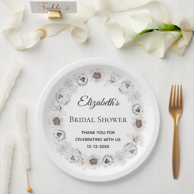 Prato De Papel Chá de Bebê Boho Branco Floral  (Casamento)