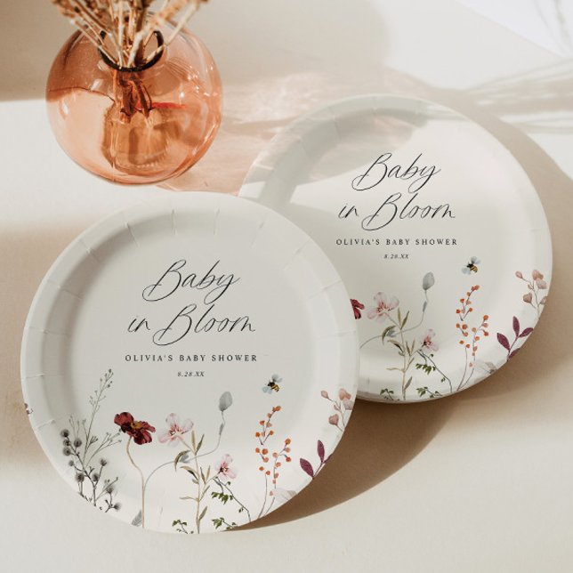 Prato De Papel Chá de Bebê Boho Flor de Campo Abelhas Florais (Boho Wildflower Baby Shower Plates - Wildflowers and Bees - Floral Baby Shower Decor)