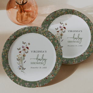 Prato De Papel Chá de Bebê Boho Verde de Flores Silvestres