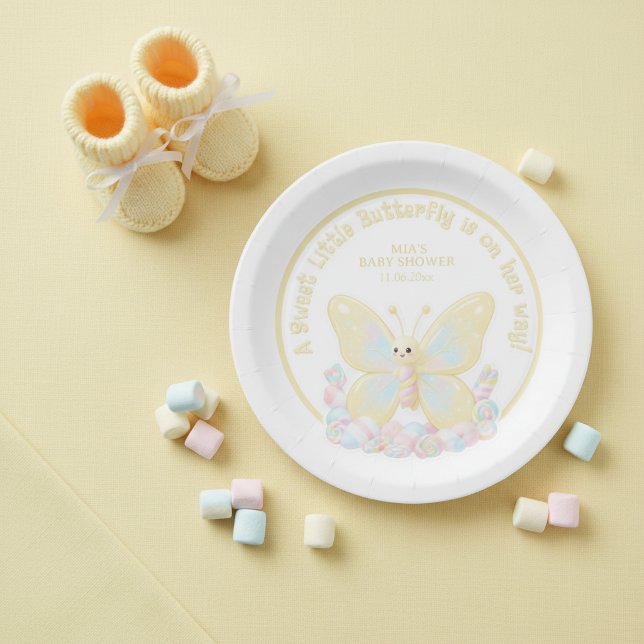 Prato De Papel Chá de Bebê Borboleta Amarela Doce Marshmallow (Sweet Butterfly Yellow Marshmallow Baby Shower Paper Plates)