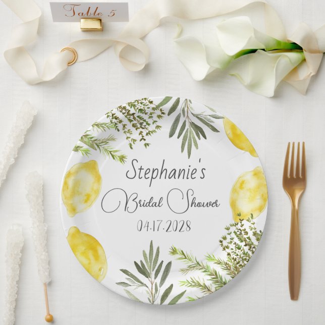 Prato De Papel Chá de Bebê Botânico com Limões Aquarela  (Casamento)