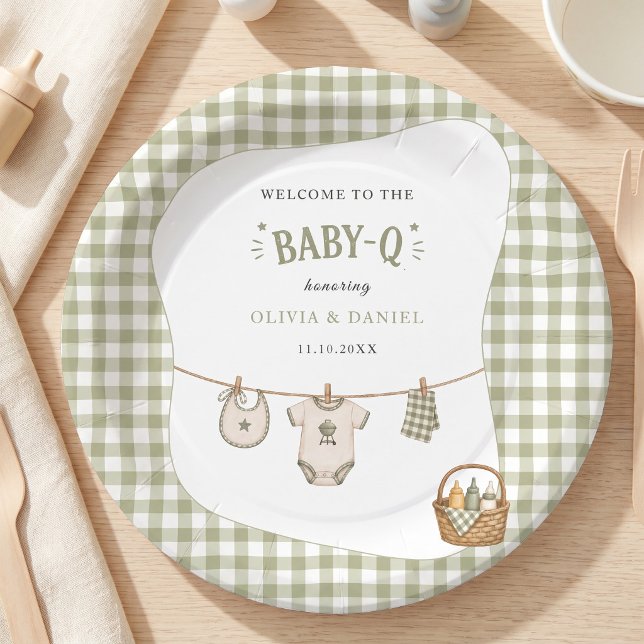 Prato De Papel Chá de Bebê Churrasco Gingham Sage Rústico Persona (Bbq Baby Shower Sage Gingham Rustic Custom Paper Plates)