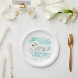 Prato De Papel Chá de Bebê Cisne Pequeno em Aquarela