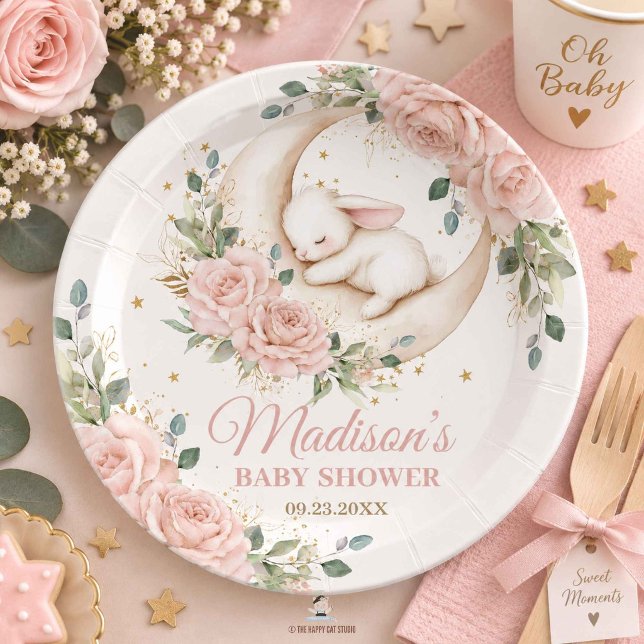 Prato De Papel Chá de Bebê Coelho Floral Rosa Lua (Bunny Rabbit Moon Pink Blush Floral Baby Shower Paper Plates)