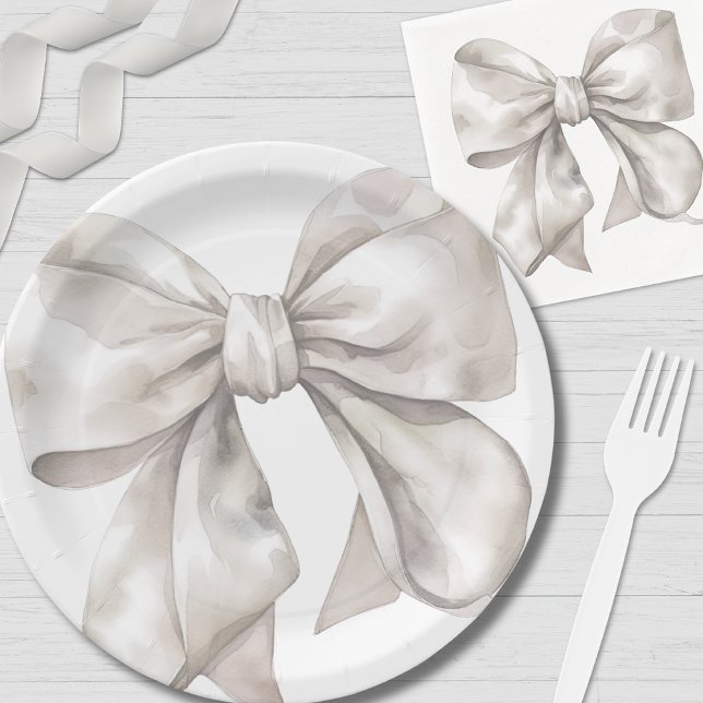 Prato De Papel Chá de Bebê com Laço Branco Simples (Simple White Bow Baby Shower Paper Plates)