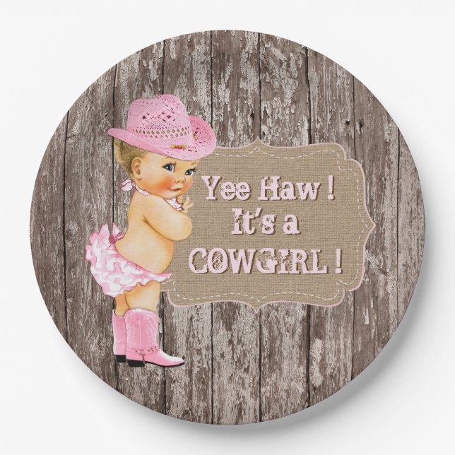 Prato De Papel Chá de Bebê Cowgirl Rústica (Frente)