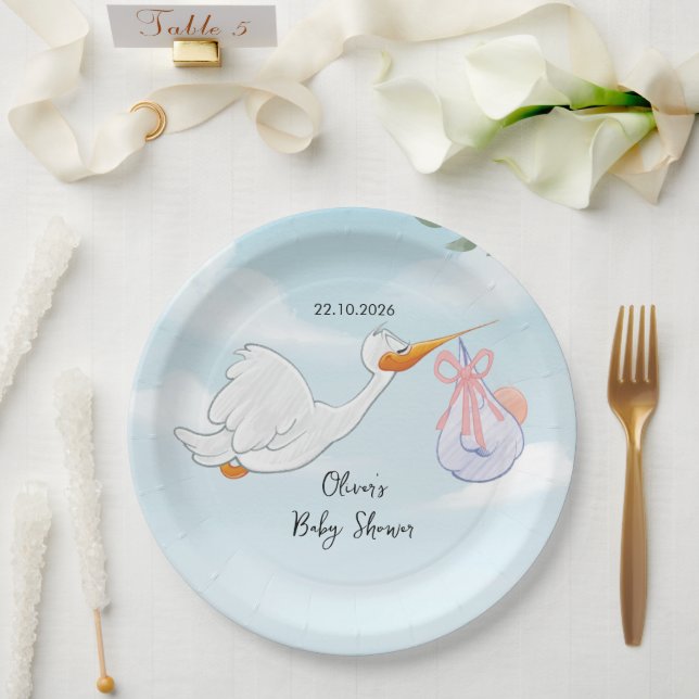 Prato De Papel Chá de Bebê da Cegonha Adorável (Casamento)