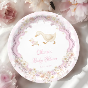 Prato De Papel Chá de Bebê da Menina Rosa Xadrez Silly Goose