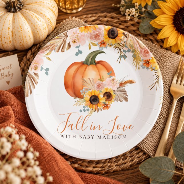 Prato De Papel Chá de Bebê de Abóbora e Girassol de Outono (Fall in Love Sunflower Pumpkin Paper Plates)