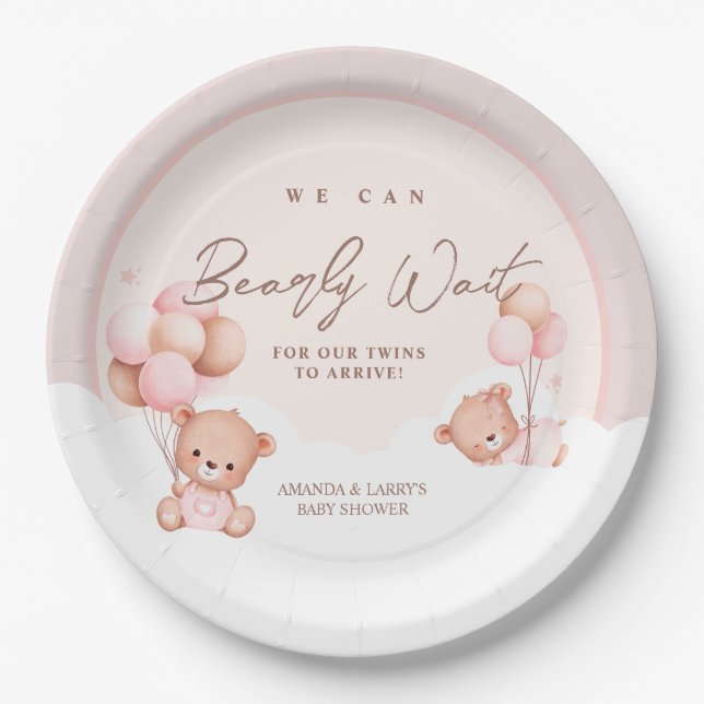 Prato De Papel Chá de Bebê de Gêmeas Meninas com Urso de Pelúcia (Frente)