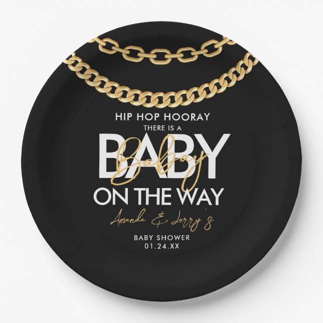 Prato De Papel Chá de Bebê de Hip Hop Preto e Dourado (Frente)