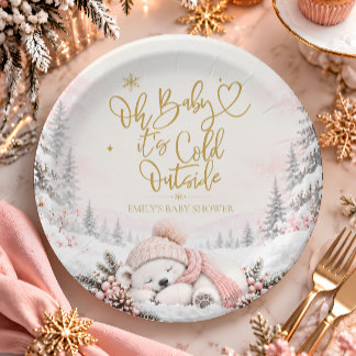 Prato De Papel Chá de Bebê de Inverno Floco de Neve Rosa Dourado