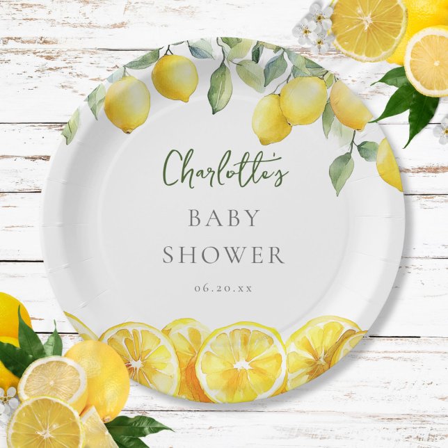 Prato De Papel Chá de Bebê de Limão em Aquarela (Watercolor Lemon Citrus Baby Shower Paper Plates)