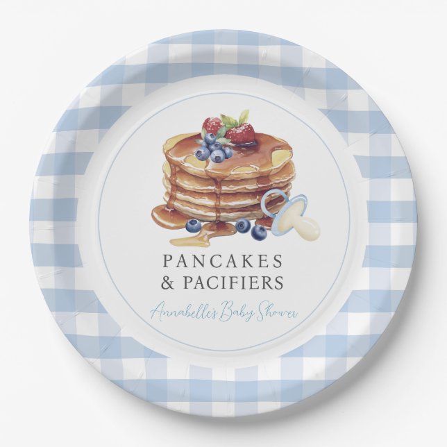 Prato De Papel Chá de Bebê de Menino Gingham Azul Panquecas e Chu (Frente)