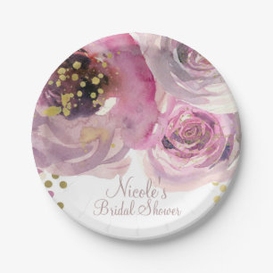 Prato De Papel Chá de Bebê de Noiva com Florais em Aquarela Rosa