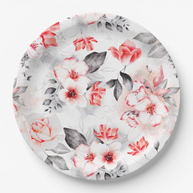 Prato De Papel Chá de Bebê de Noiva com Flores em Aquarela Vermel (Frente)
