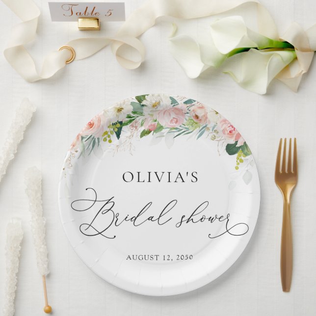 Prato De Papel Chá de Bebê de Noiva com Rosas Rosa Etéreo (Casamento)