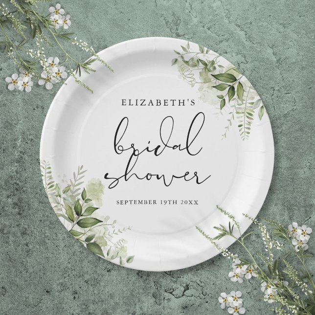Prato De Papel Chá de Bebê de Noiva Elegante Folhagem Rústica (Rustic Greenery Elegant Script Bridal Shower Paper Plates)