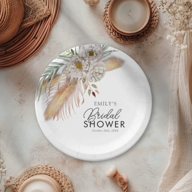 Prato De Papel Chá de Bebê de Noiva em Aquarela Elegante com Pamp (Criador carregado)